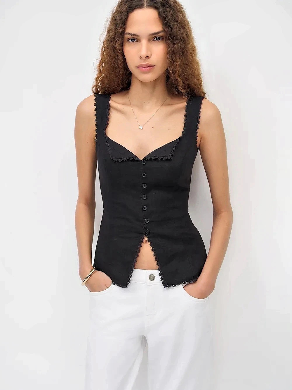 Reformation Viola Black Linen Lace Trim Button Front Top Size 10